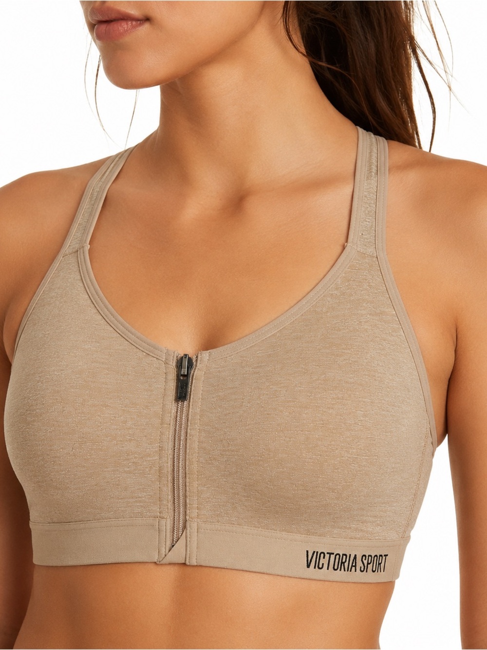 Victoria Sport Sports Bra 34C Beige Front Zip Racerback Activewear